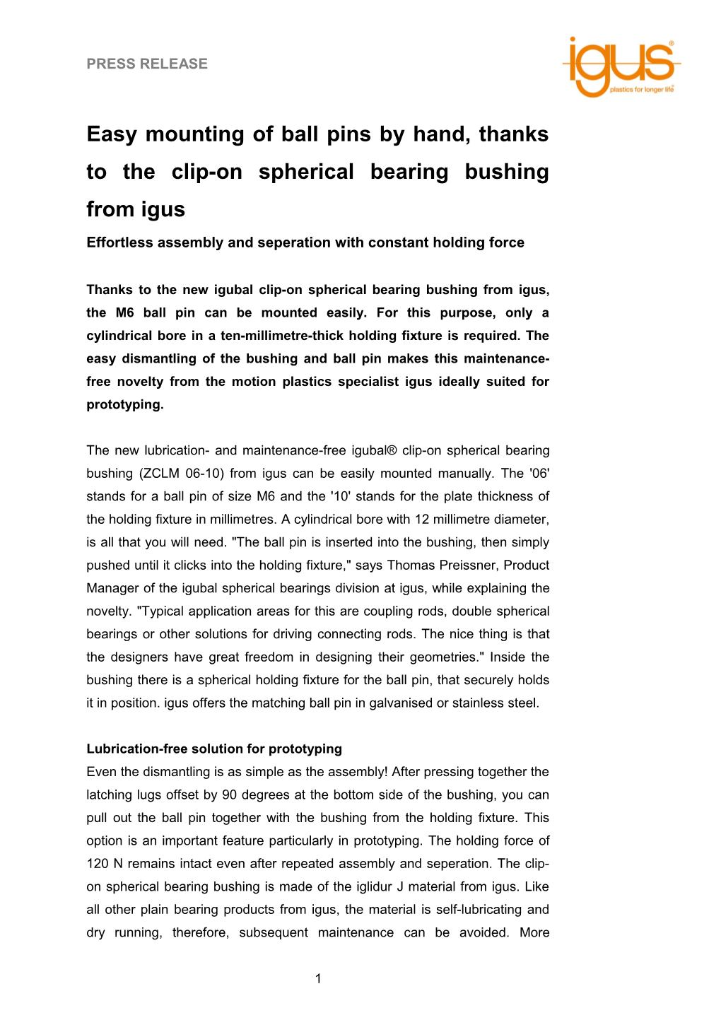 Easy Mounting of Ball Pins by Hand, Thanks to the Clip-On Spherical Bearing Bushing from Igus