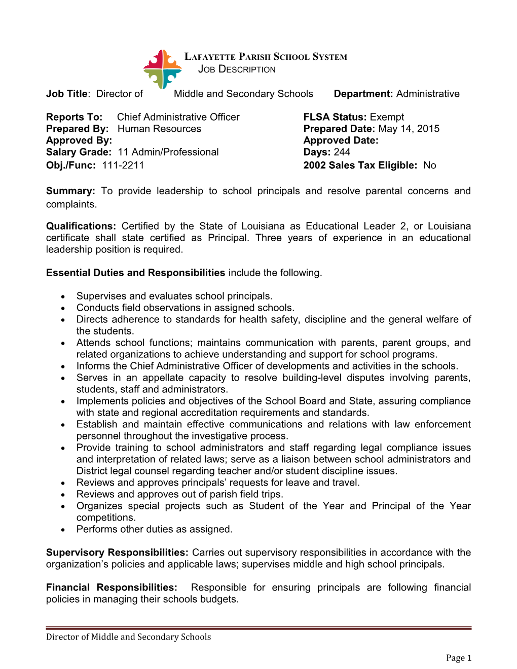 Job Title: Director of Middle and Secondary Schools Department: Administrative