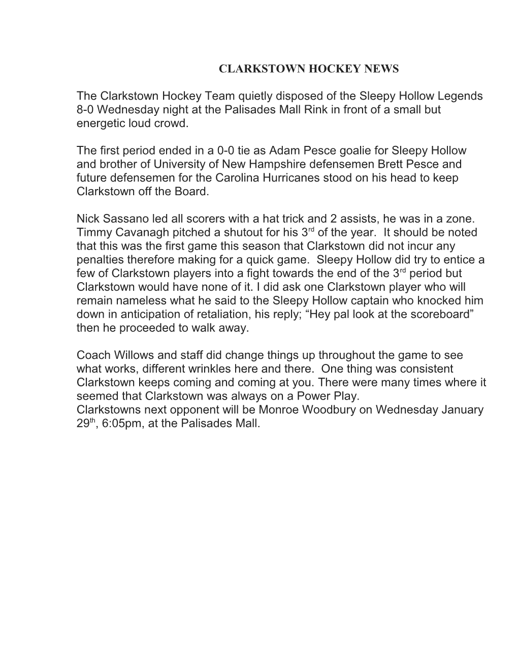 Clarkstown Hockey News