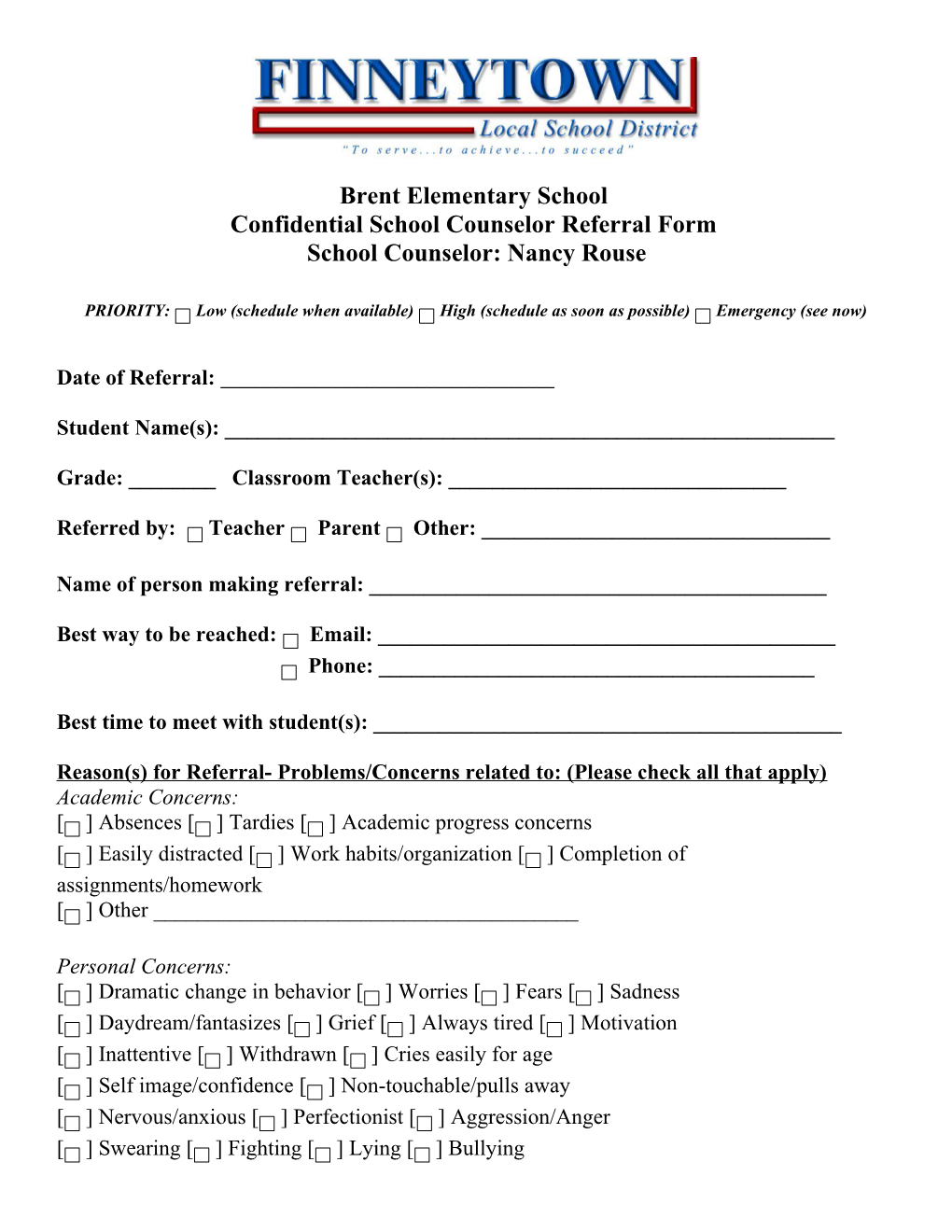 Confidential School Counselor Referral Form