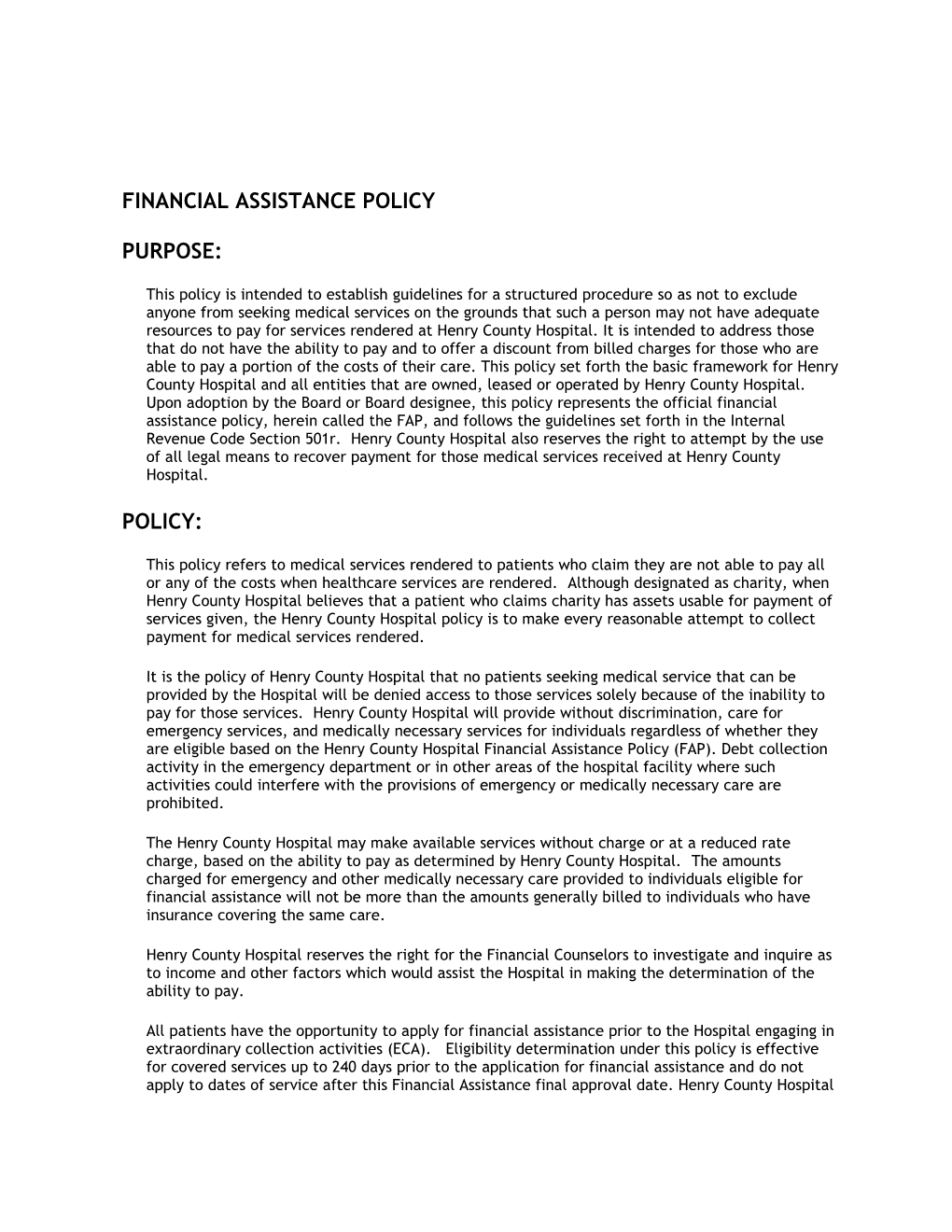 Financial Assistance Policy