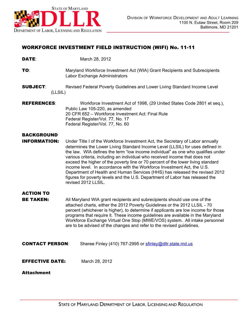 WORKFORCE INVESTMENT FIELD INSTRUCTION (WIFI) No. 11-11