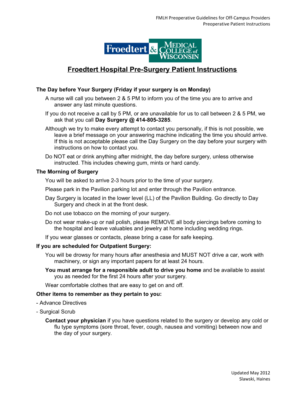 FMLH Preoperative Guidelines for Off-Campus Providers