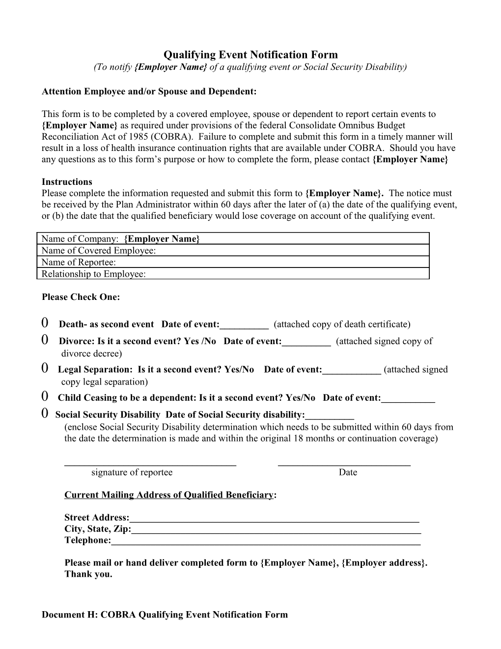 Qualifying Event Notification Form