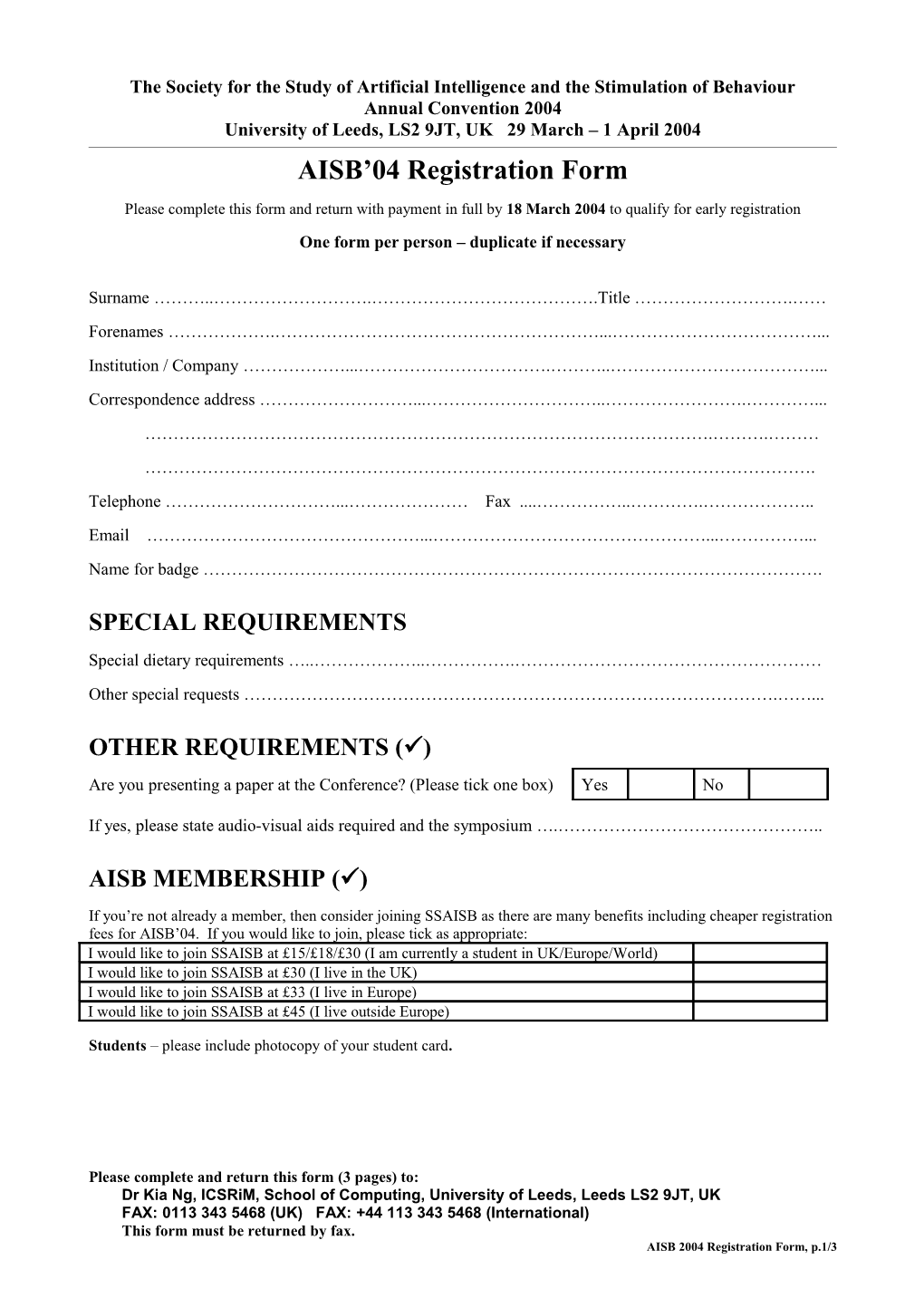 AISB 2004 Registration Form