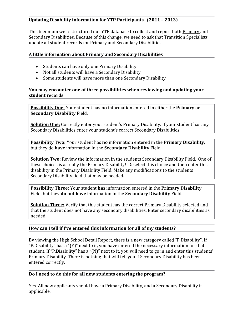 Updating Disability Information for YTP Participants (2011 2013)