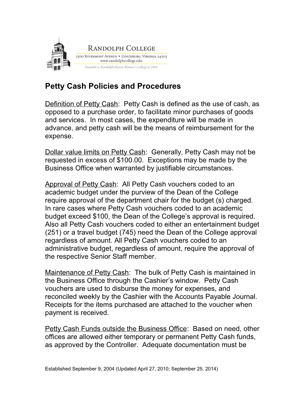 R-MWC Petty Cash Policies and Procedures