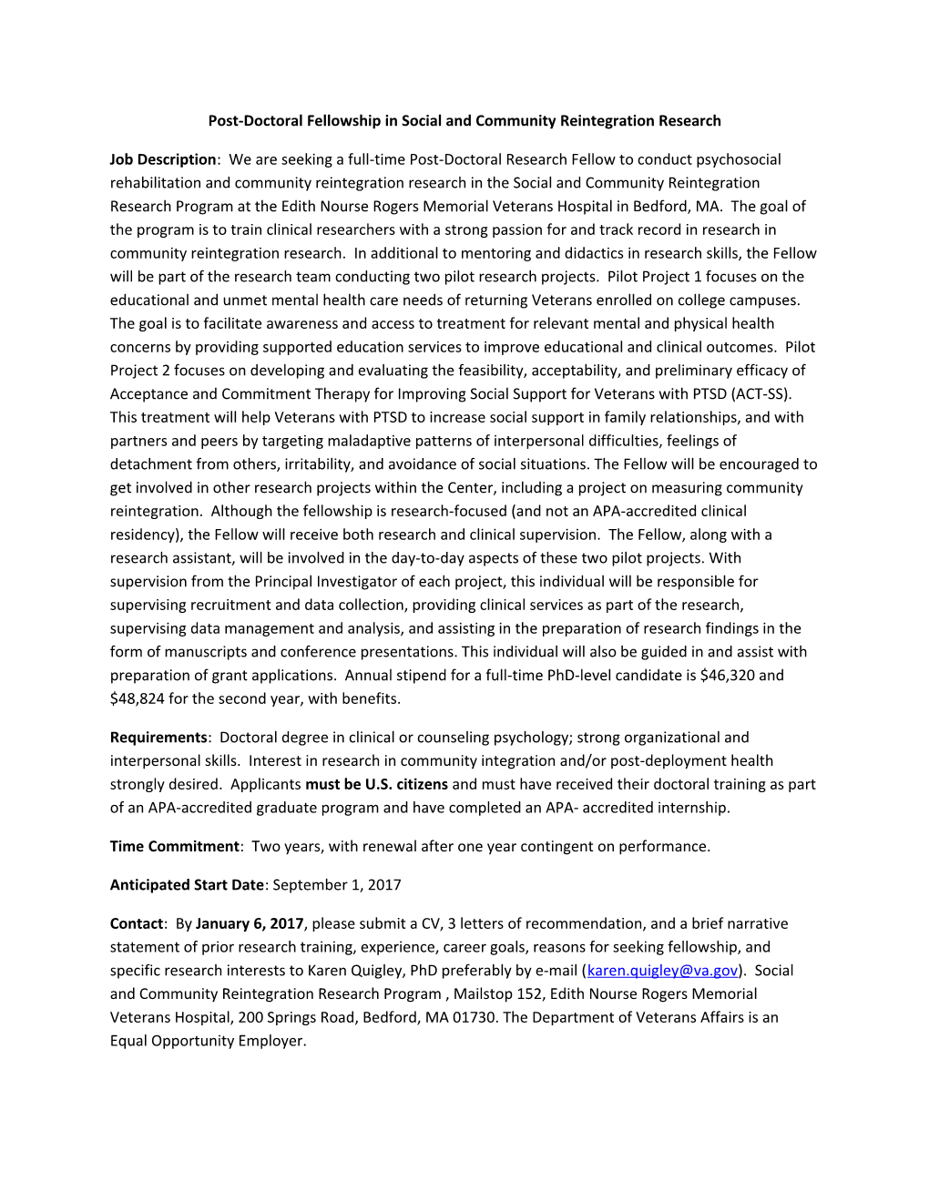 Post-Doctoral Fellowship in Social and Community Reintegration Research