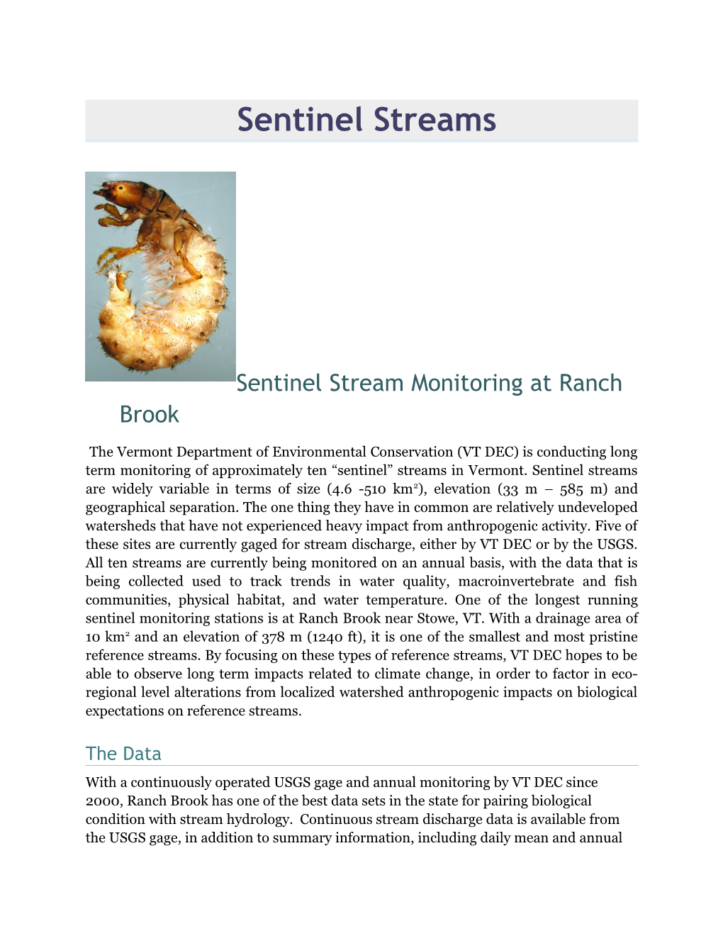 Sentinel Stream Monitoring at Ranch Brook