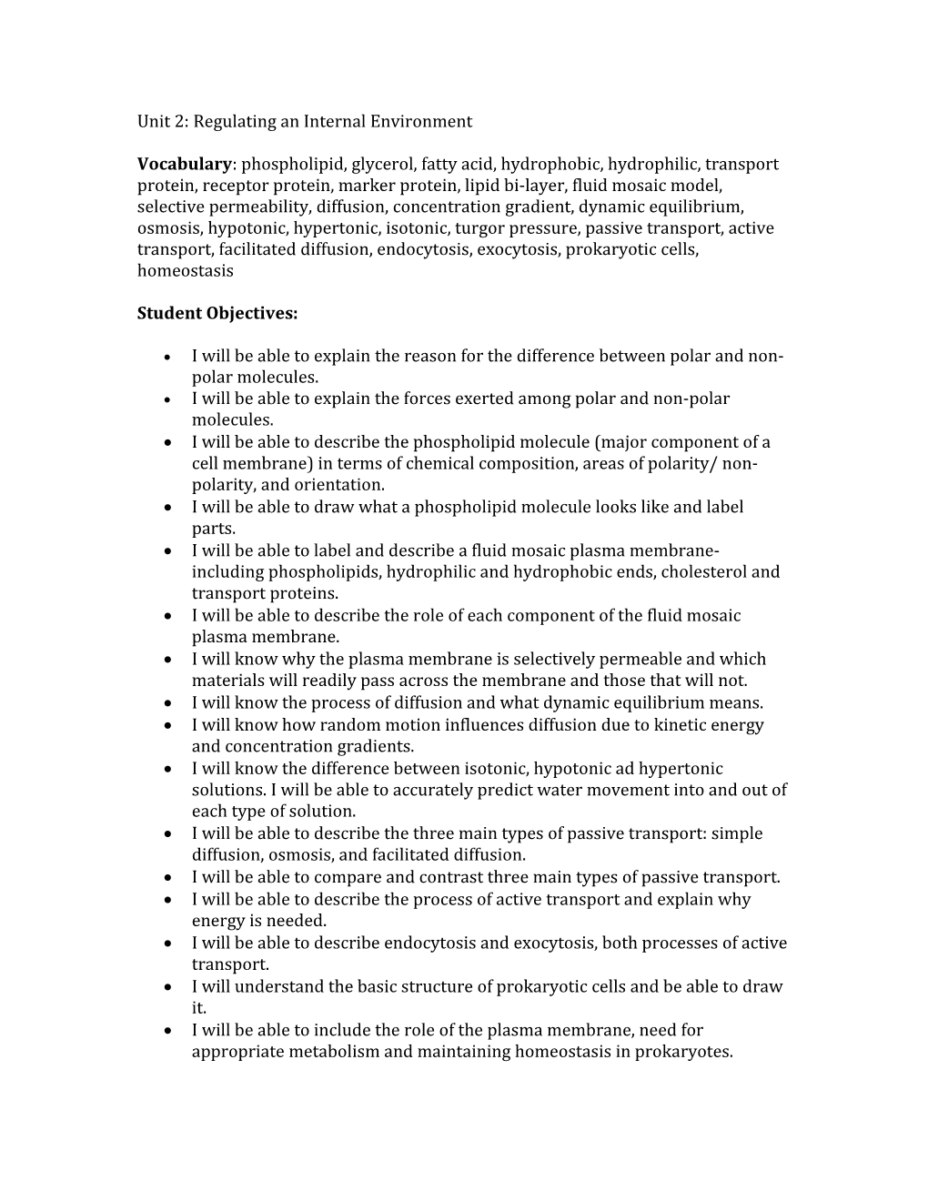 Unit 2: Regulating an Internal Environment