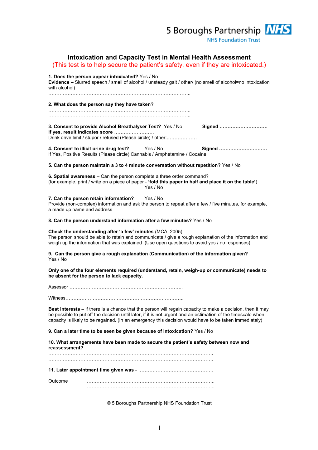 Intoxication Test for Mental Health Assessment