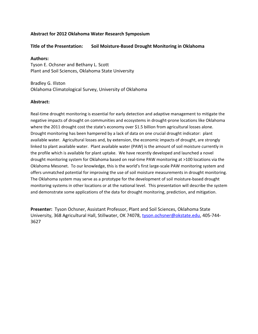 Abstract for 2012 Oklahoma Water Research Symposium