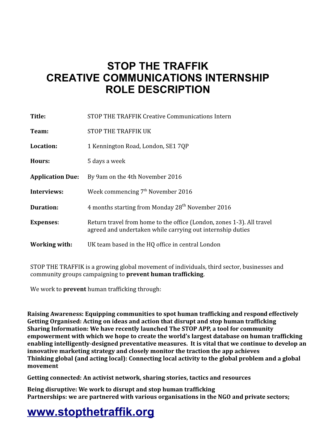 Creative Communications Internship Role Description