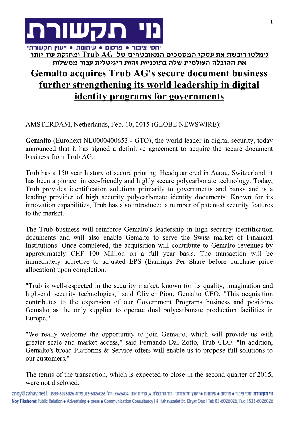 Gemalto Acquires Trub AG's Secure Document Business Further Strengthening Its World Leadership