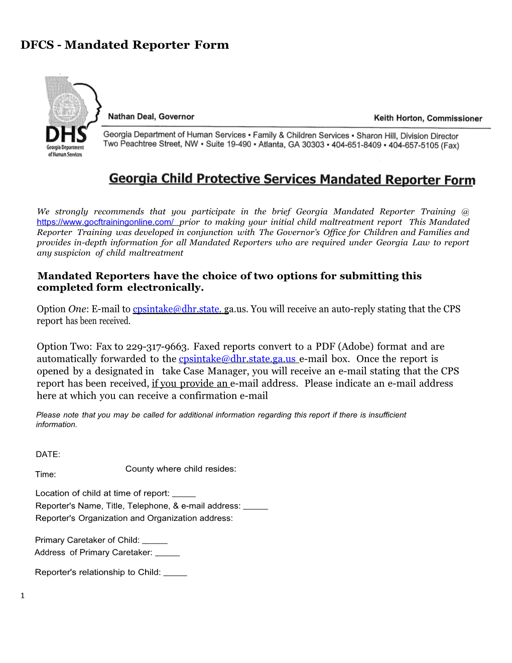 DFCS - Mandated Reporter Form