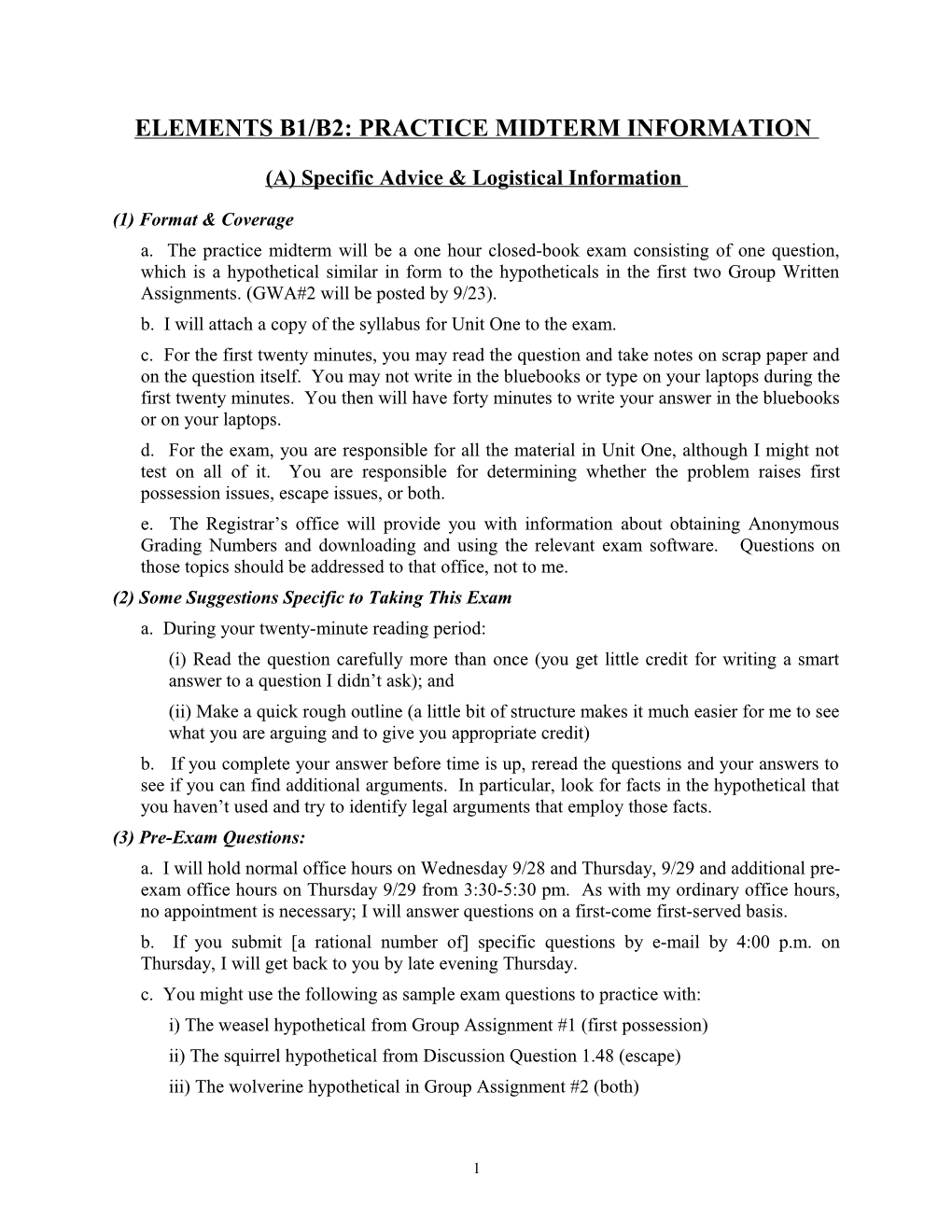 Elements B1/B2: Practice Midterm Information