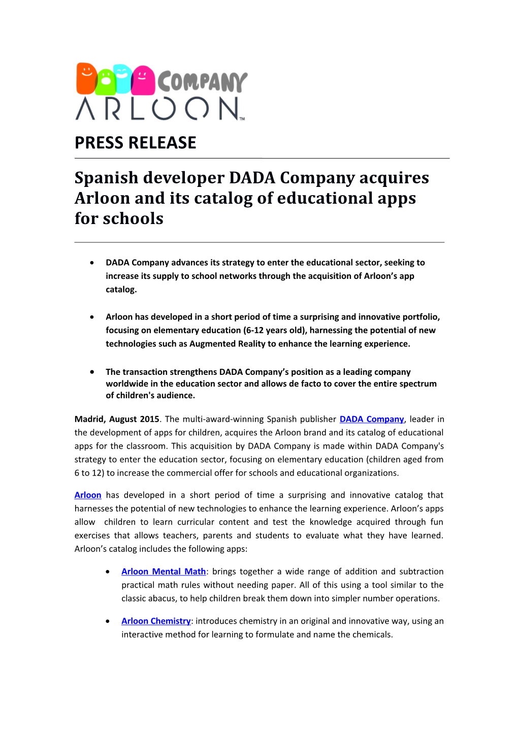 Spanish Developer DADA Company Acquires Arloon and Its Catalog of Educational Apps for Schools