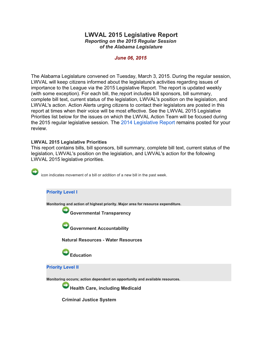 LWVAL 2015 Legislative Priorities