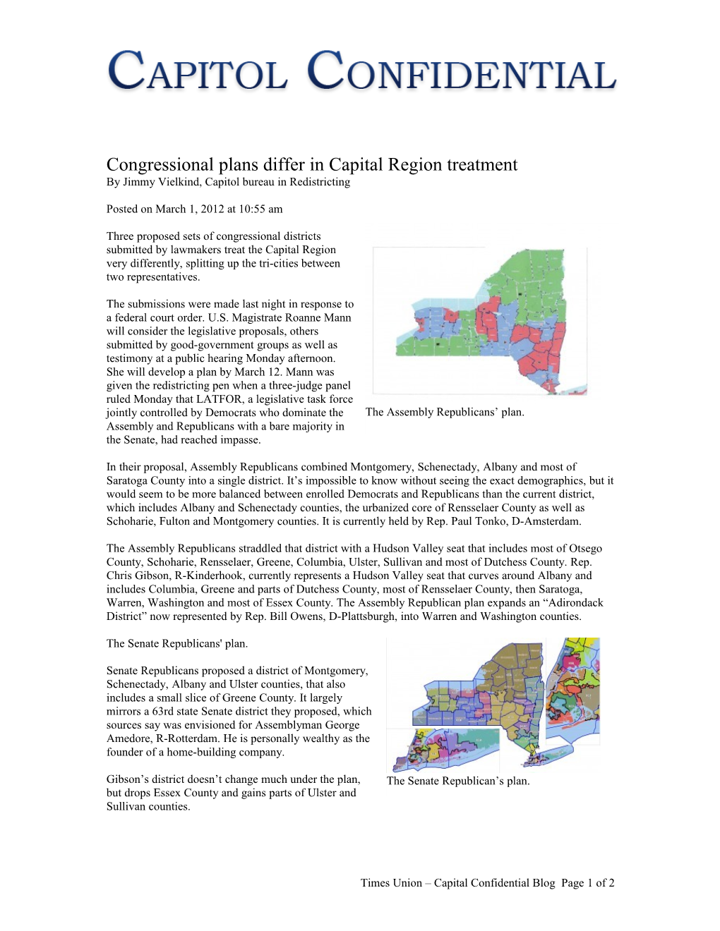 Congressional Plans Differ in Capital Region Treatment
