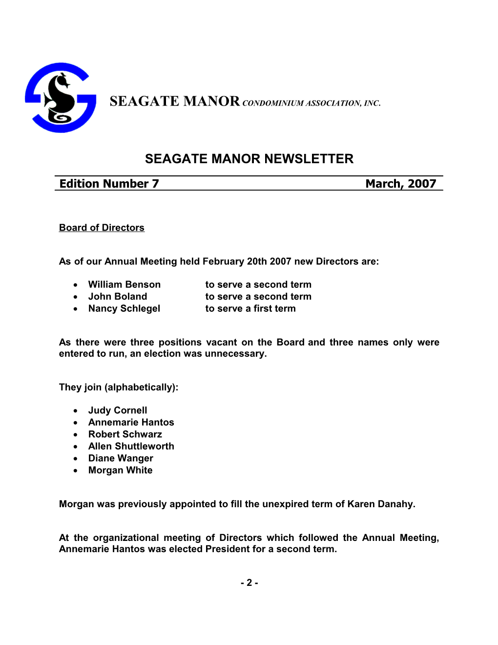 Seagate Manor Newsletter
