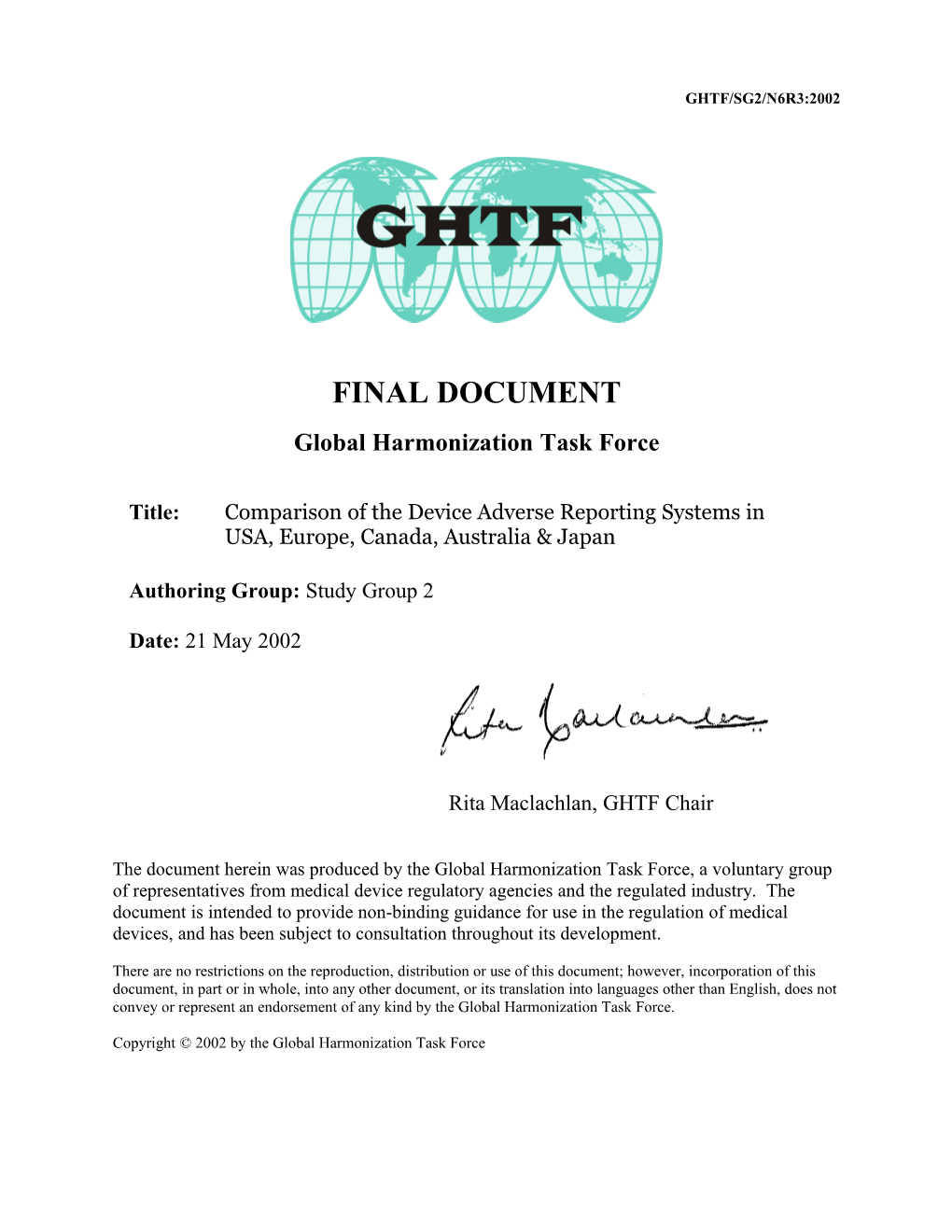 GHTF SG2 - Comparison Of The Device Adverse Reporting Systems - May 2002