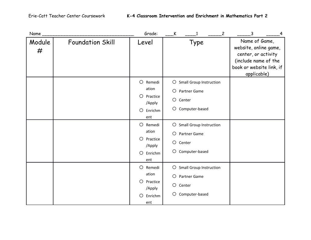 Erie-Catt Teacher Center Coursework K-4 Classroom Intervention and Enrichment in Mathematics