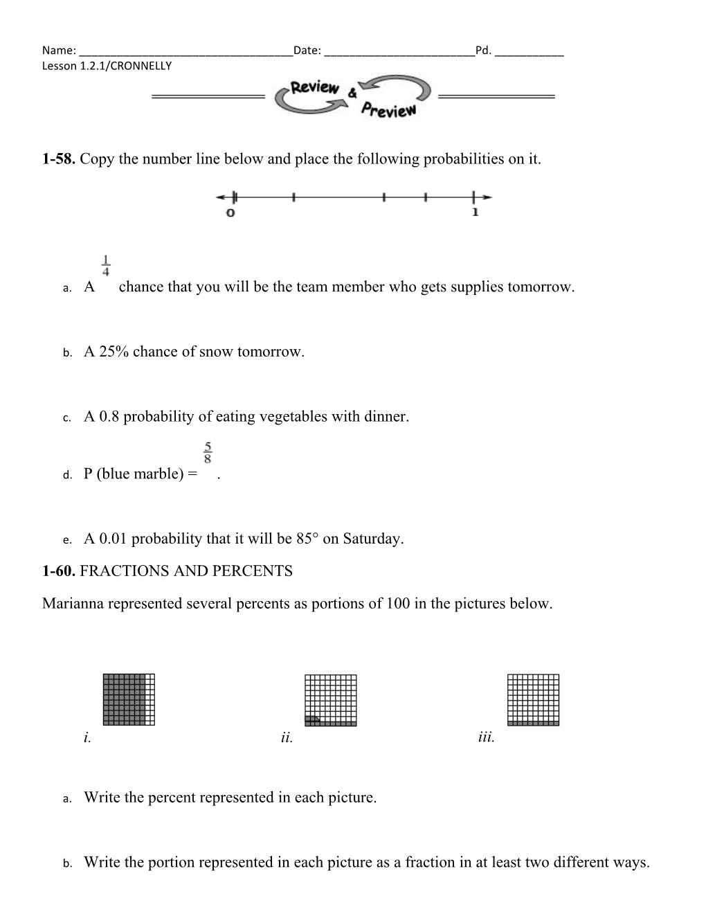 1-58. Copy the Number Line Below and Place the Following Probabilities on It