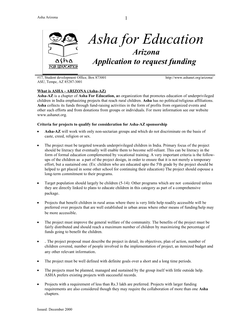 Application Form to Request Funding from ASHA- Arizona