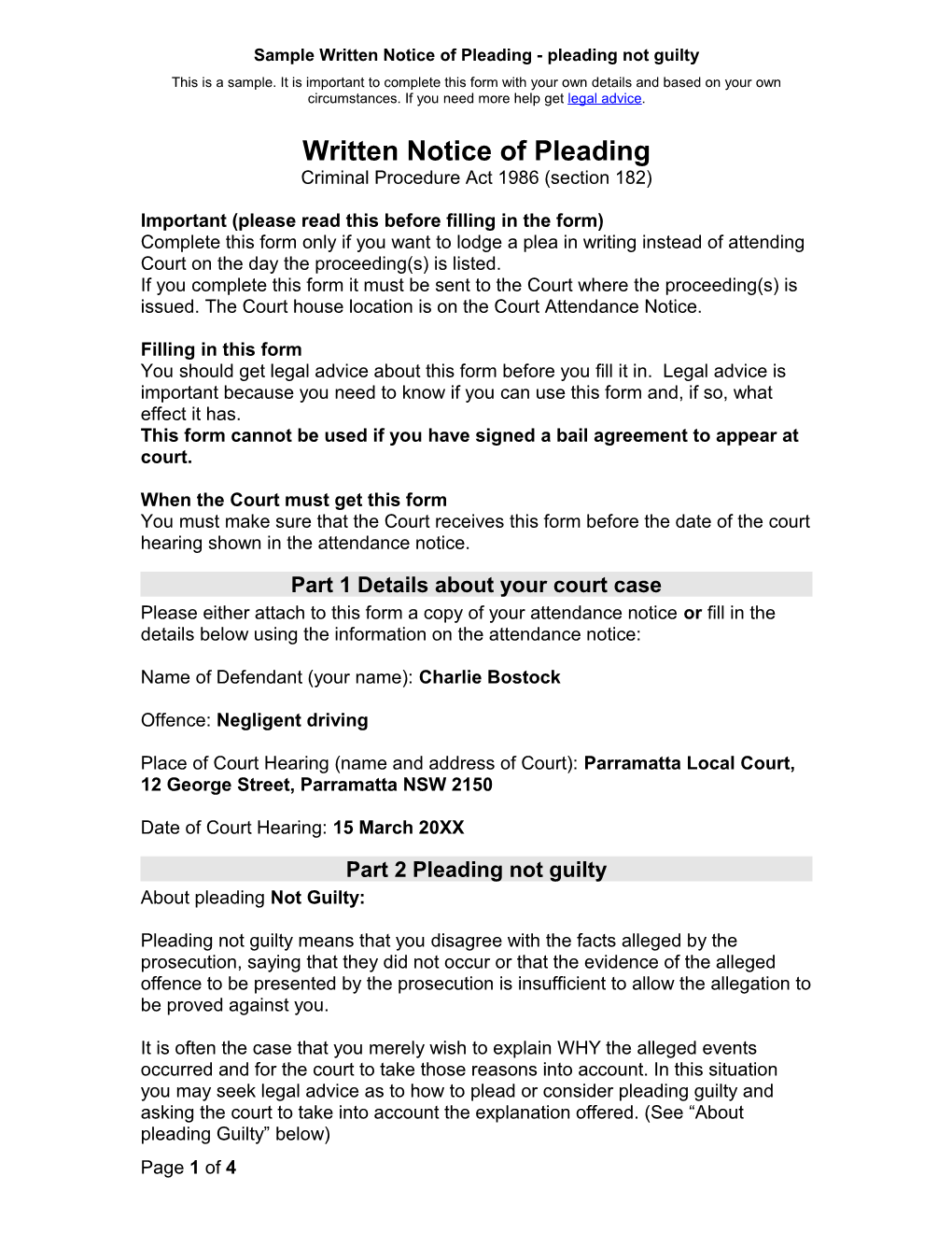 Written Notice of Pleading Form