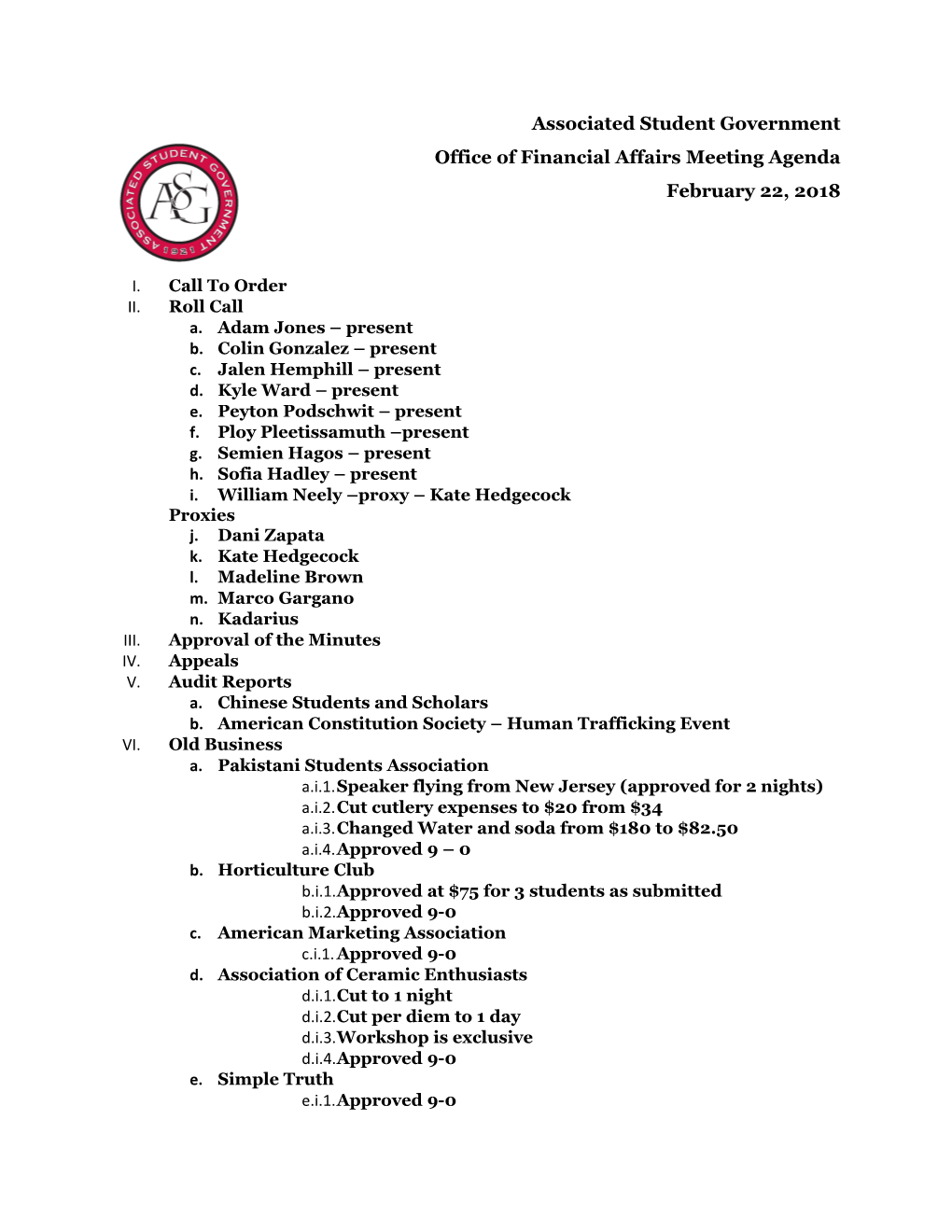 Office of Financial Affairs Meeting Agenda