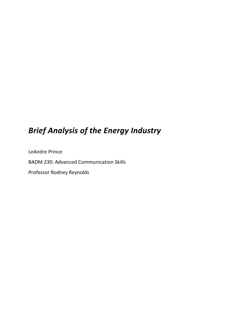 Brief Analysis of the Energy Industry