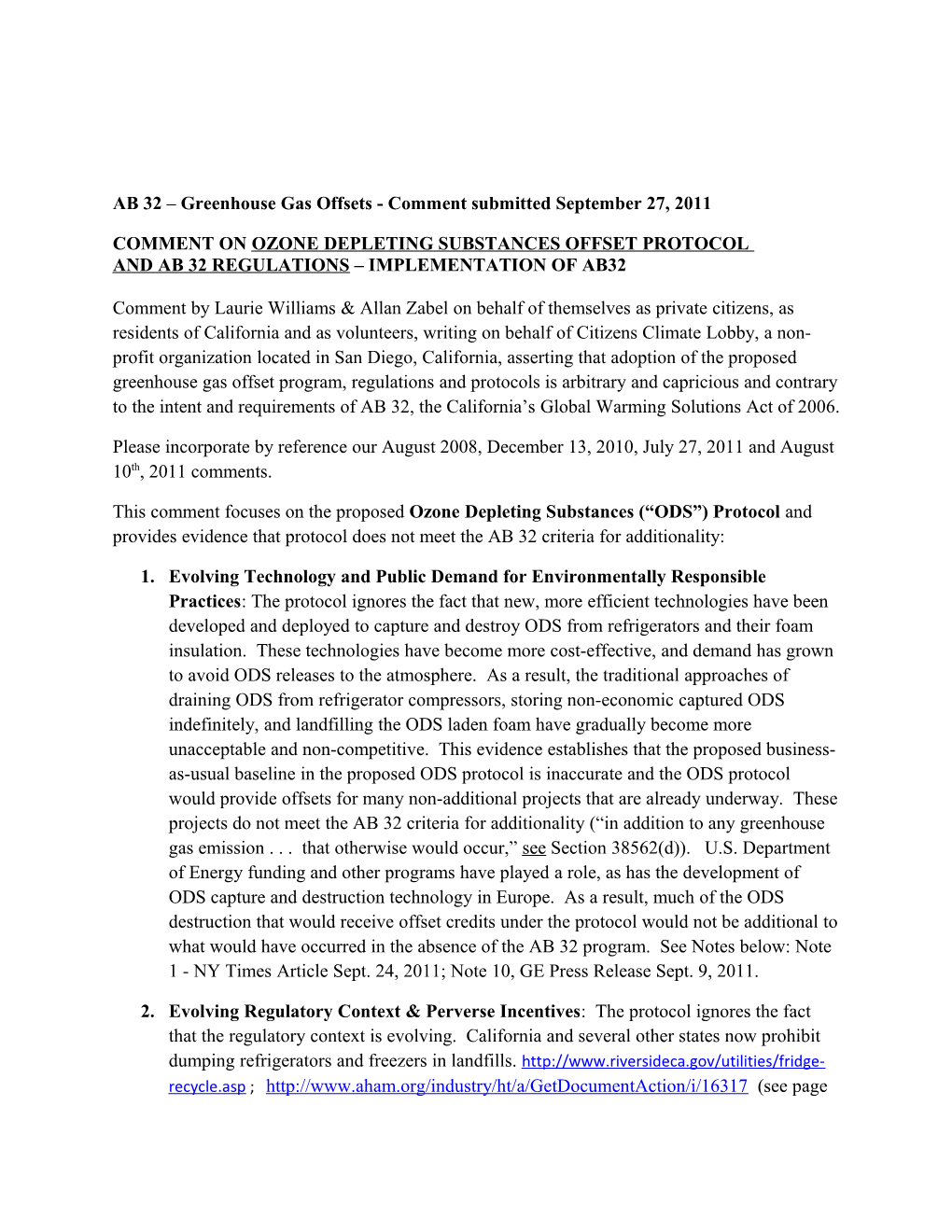 Comment on Ozone Depleting Substances Offset Protocol