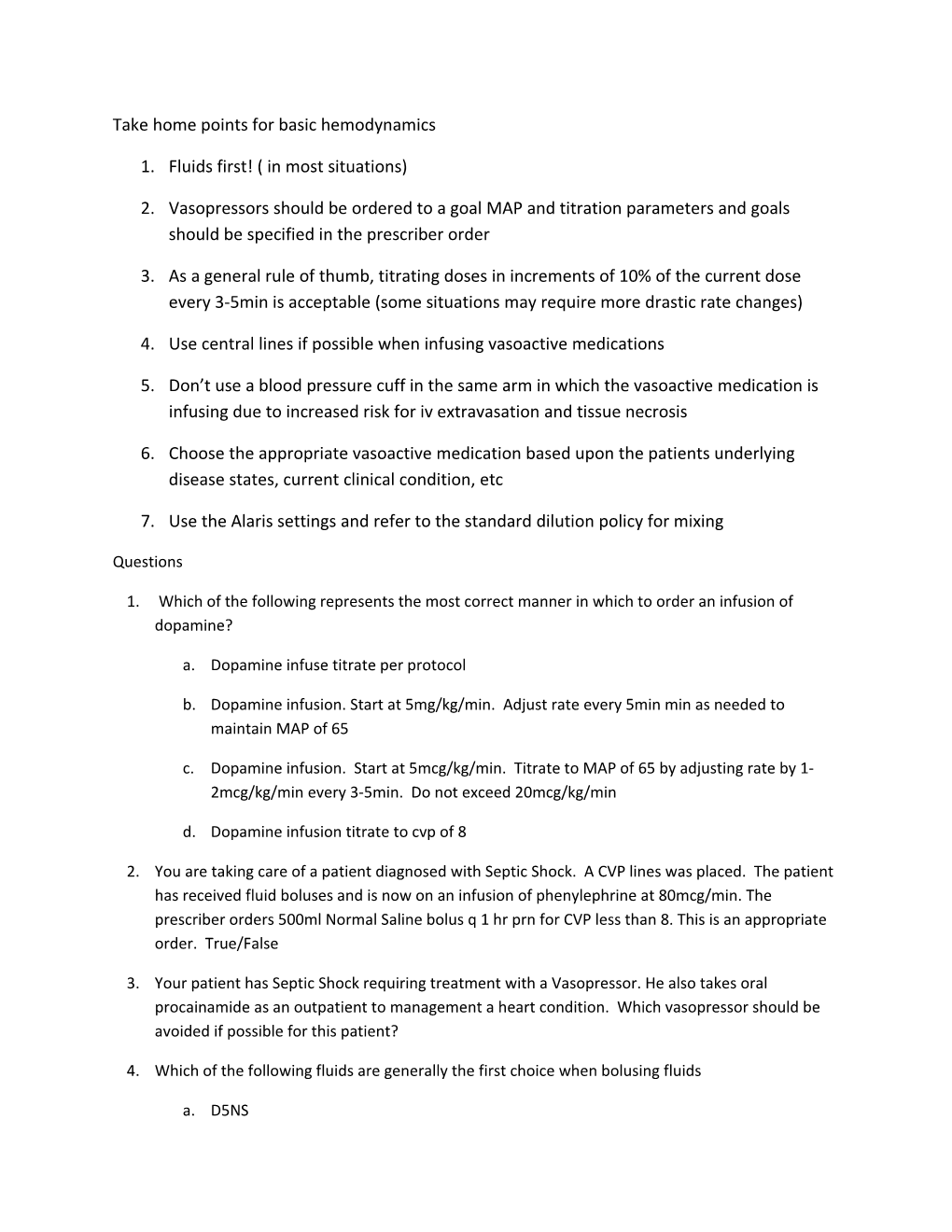 Take Home Points for Basic Hemodynamics