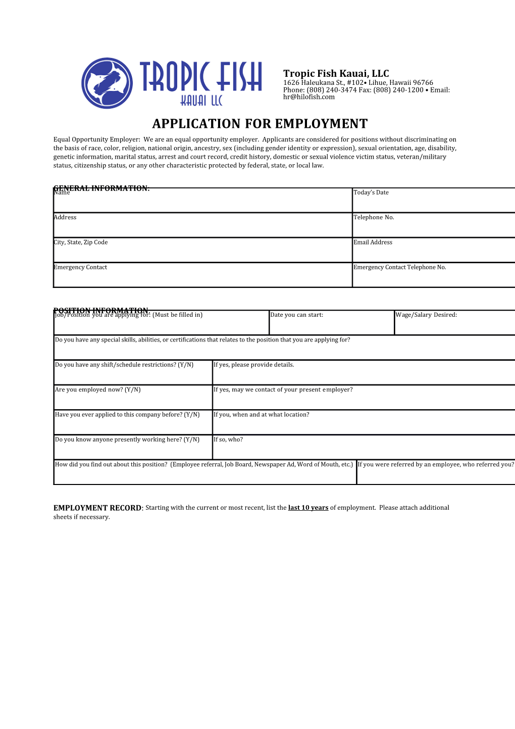 Hilo Fish Company, Inc. Application