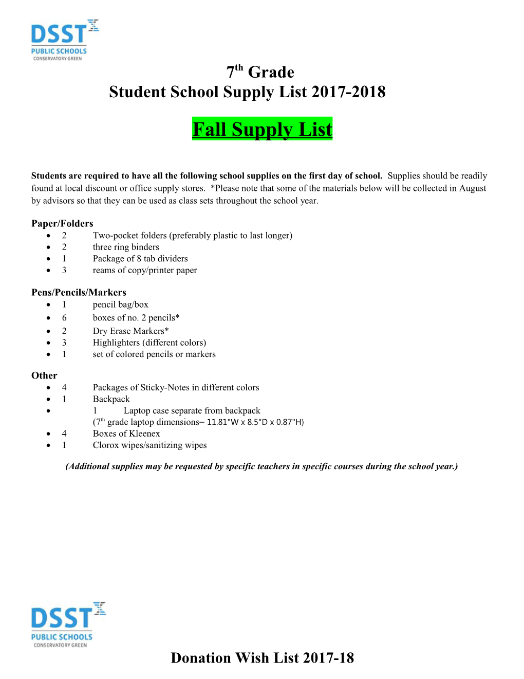 Student School Supply List 2017-2018