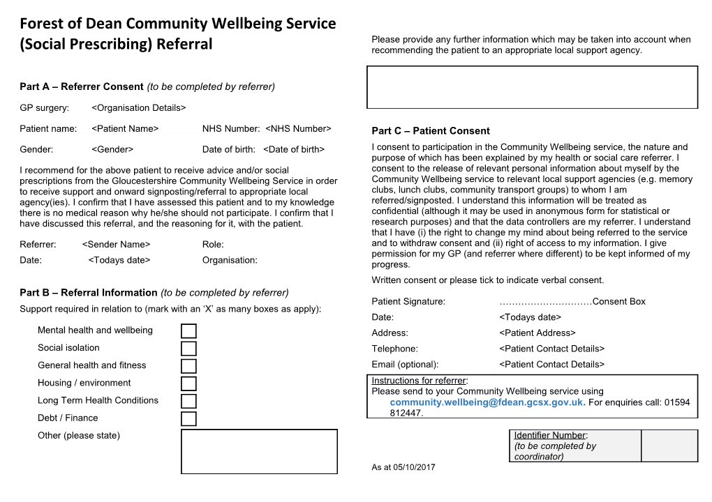 Forest of Dean Community Wellbeing Service (Social Prescribing) Referral