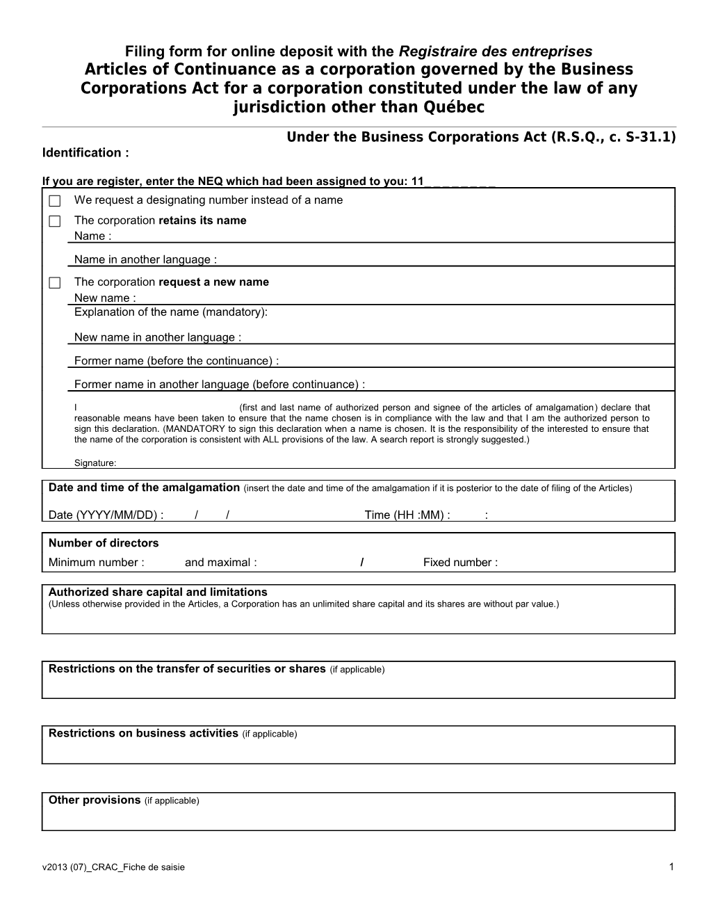 Filing Form for Online Deposit with the Registraire Des Entreprises