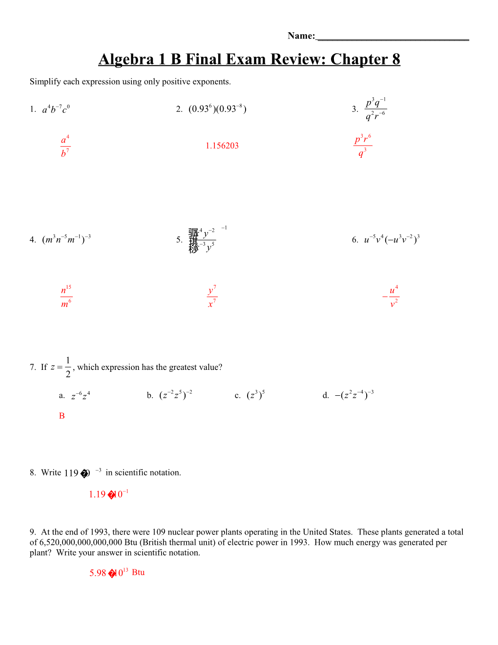 Algebra 1 B Final Exam Review: Chapter 8