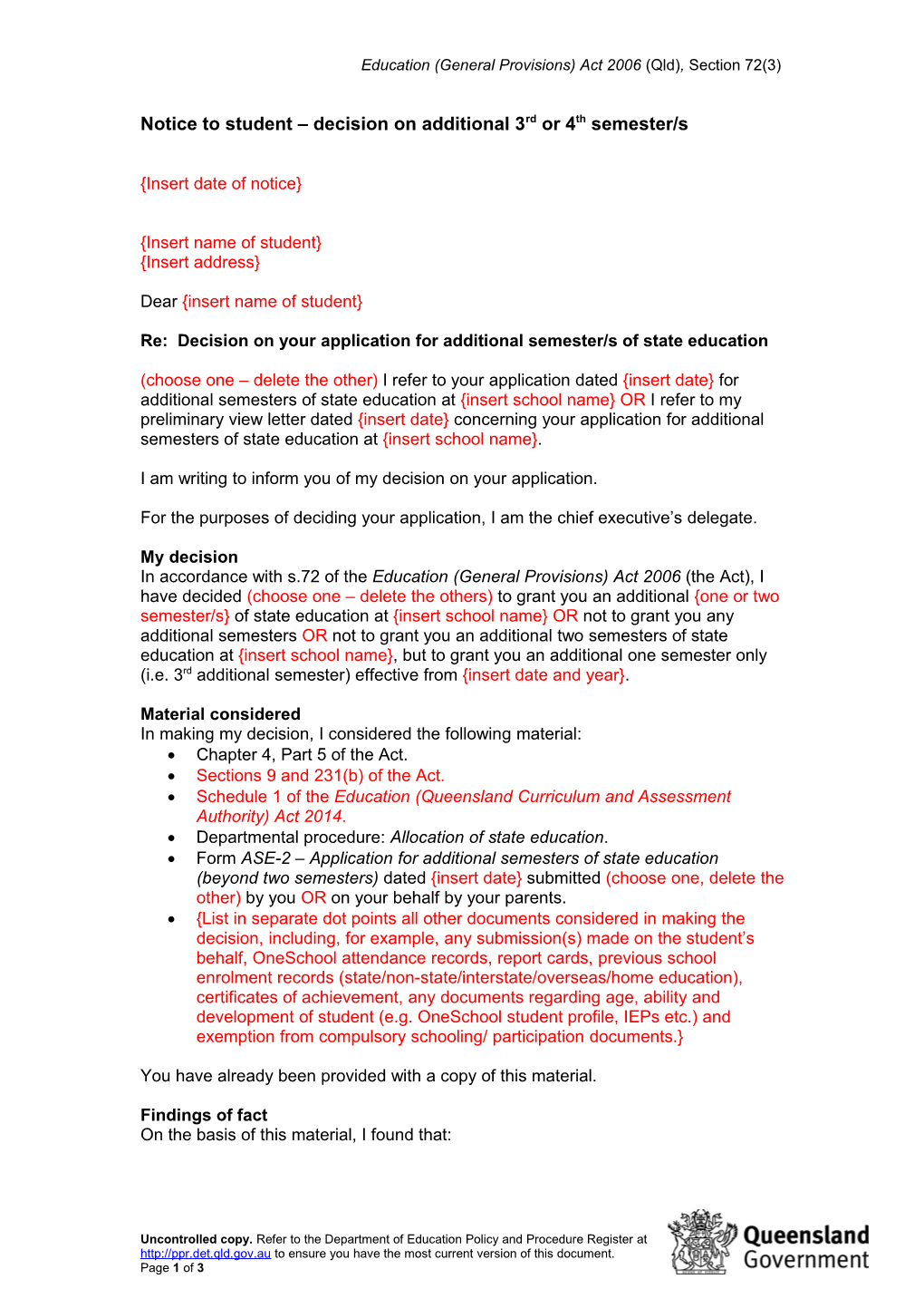 Template Letter: Notice to Student Decision on Additional 3Rd Or 4Th Semesters