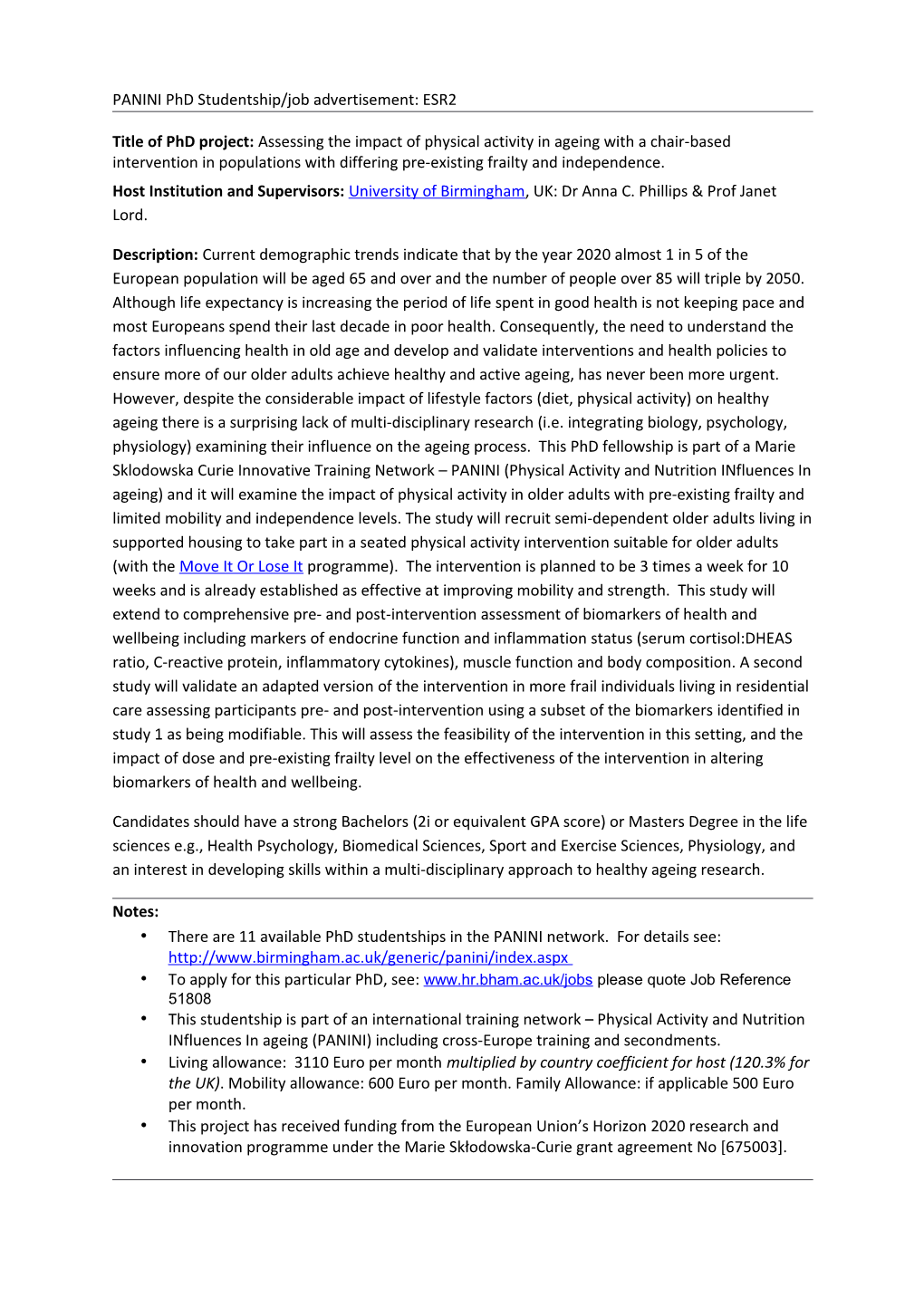 PANINI Phd Studentship/Job Advertisement: ESR2