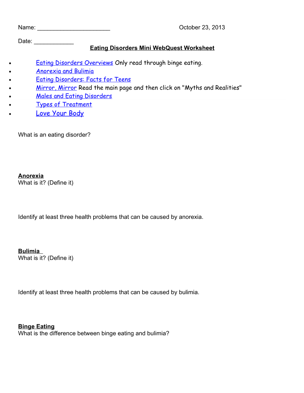 Eating Disorders Mini Webquest Worksheet