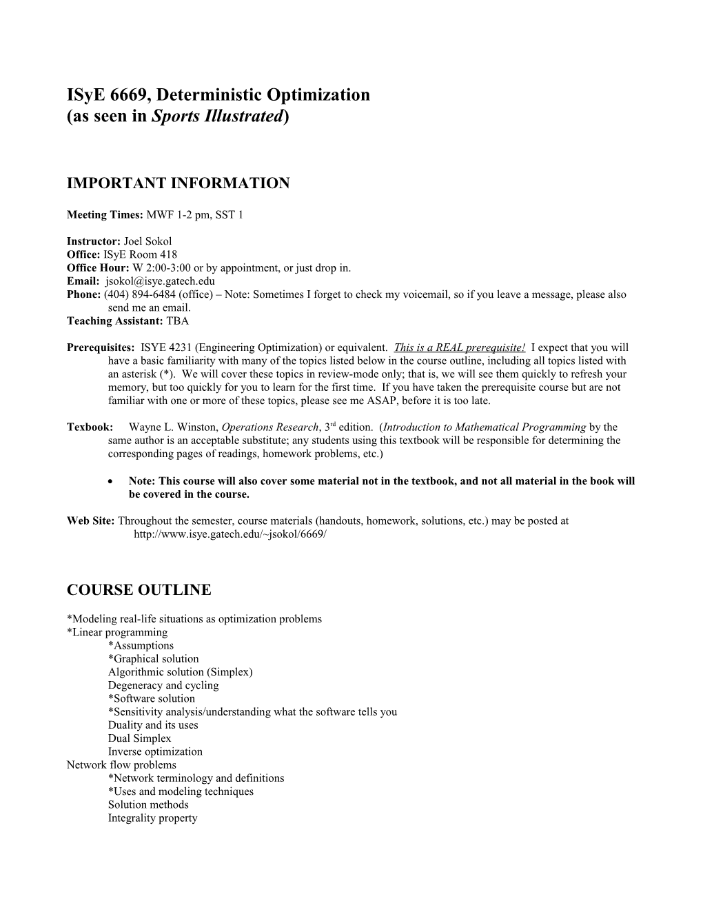 Syllabus For Engineering Optimization (Isye 4231B)