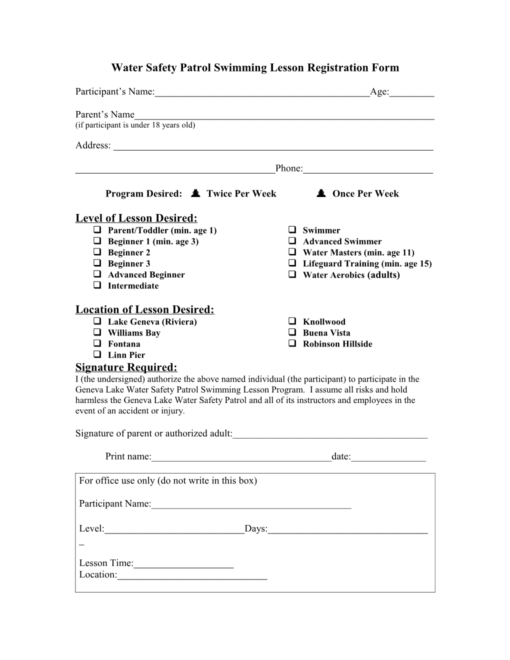 Water Safety Patrol Swimming Lesson Registration Form