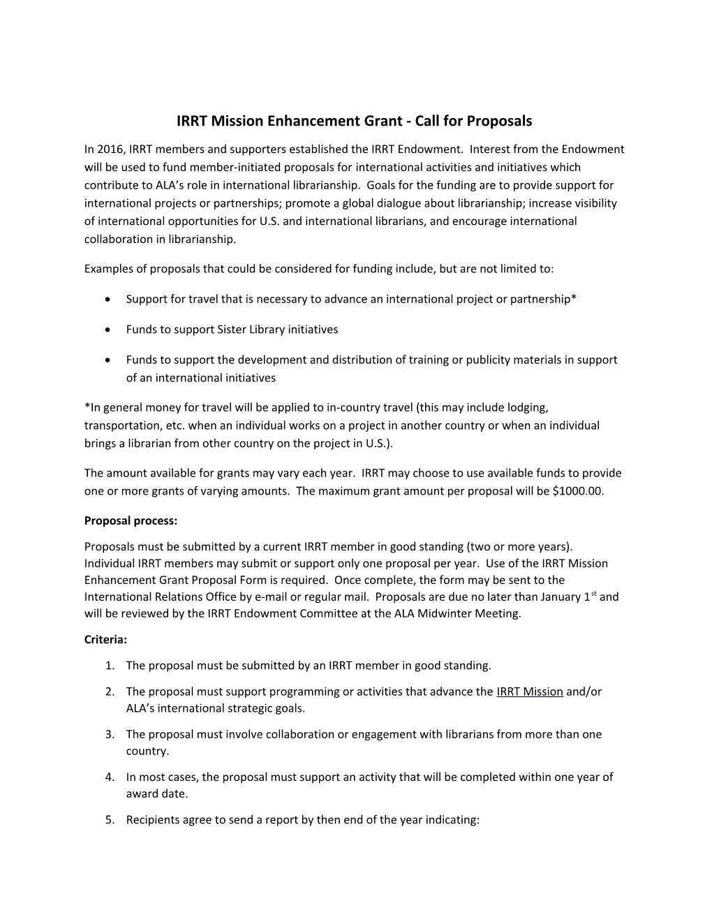 IRRT Mission Enhancement Grant - Call for Proposals