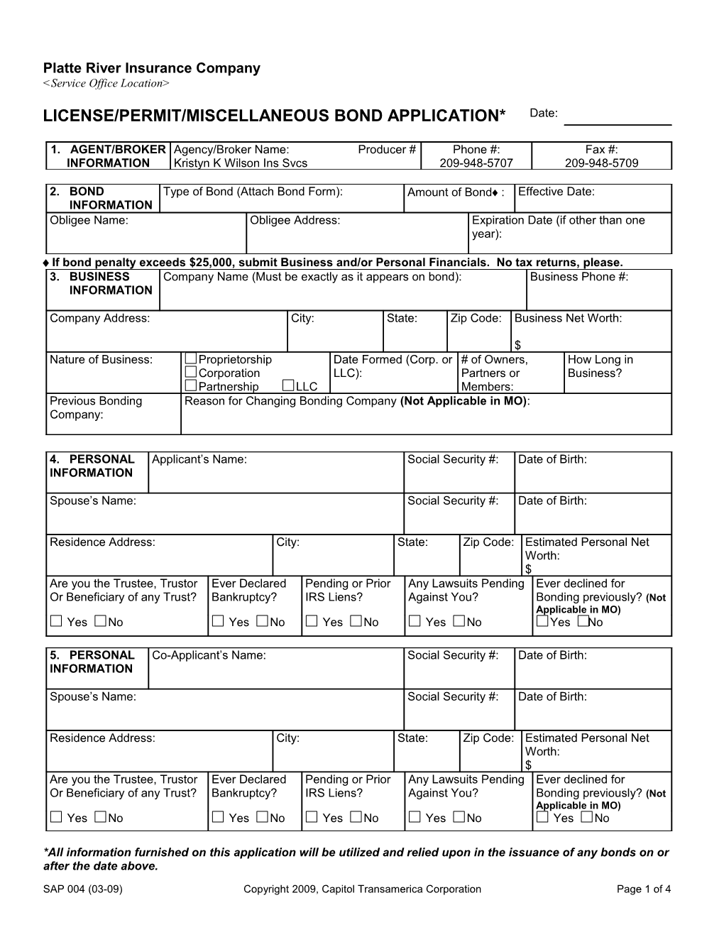 License/Permit/Miscellaneous Bond Data Sheet