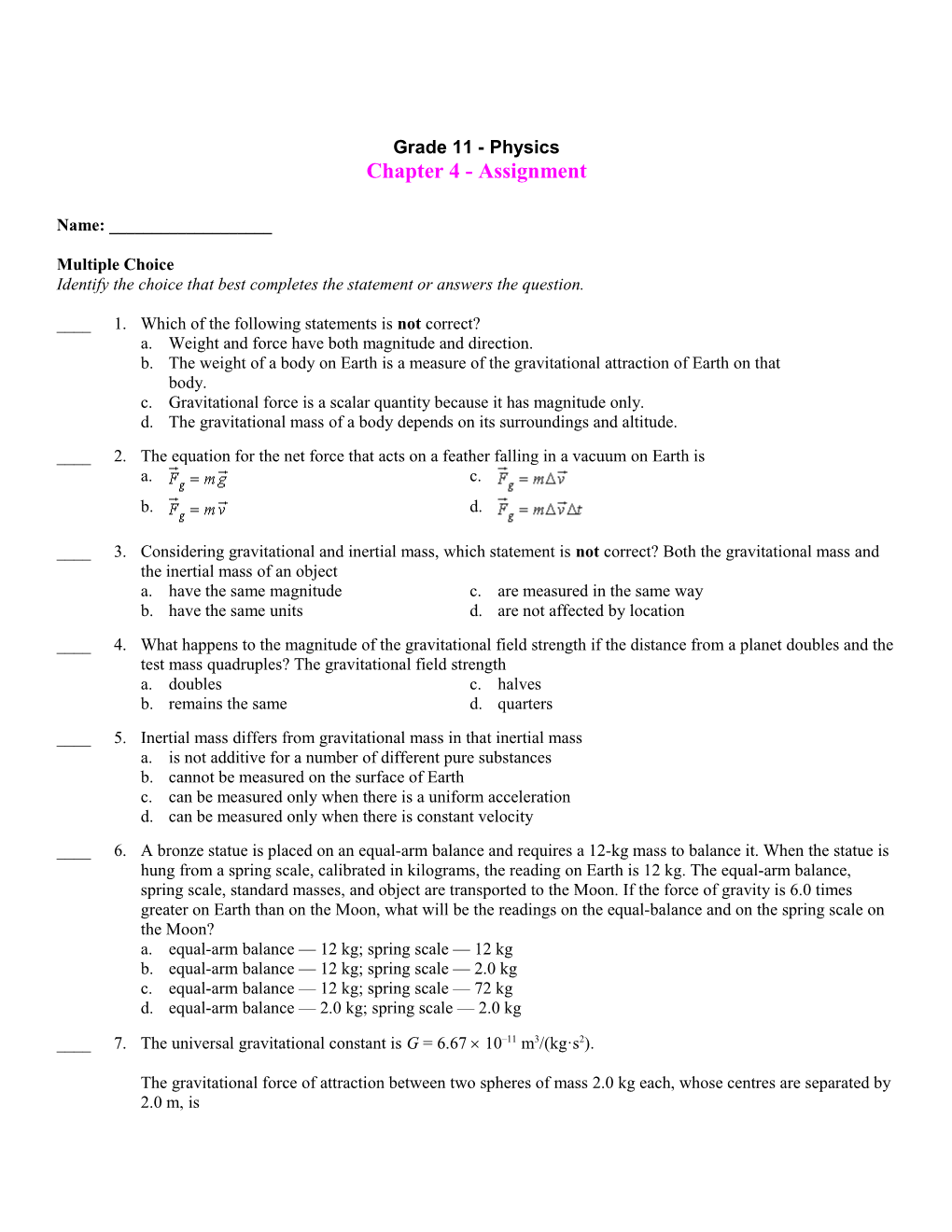 Grade 11 - Physics