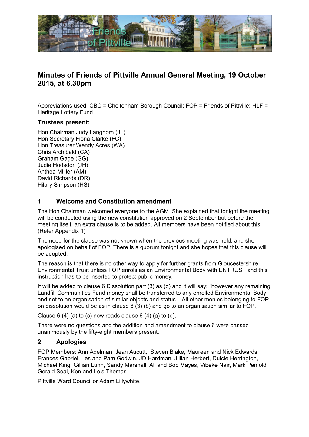 Minutes of Friends of Pittville Annual General Meeting, 19 October 2015, at 6.30Pm