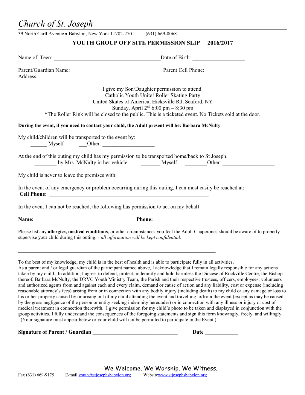 Church of St. Joseph Youth Group Off Site Permission Slip 2012/2013