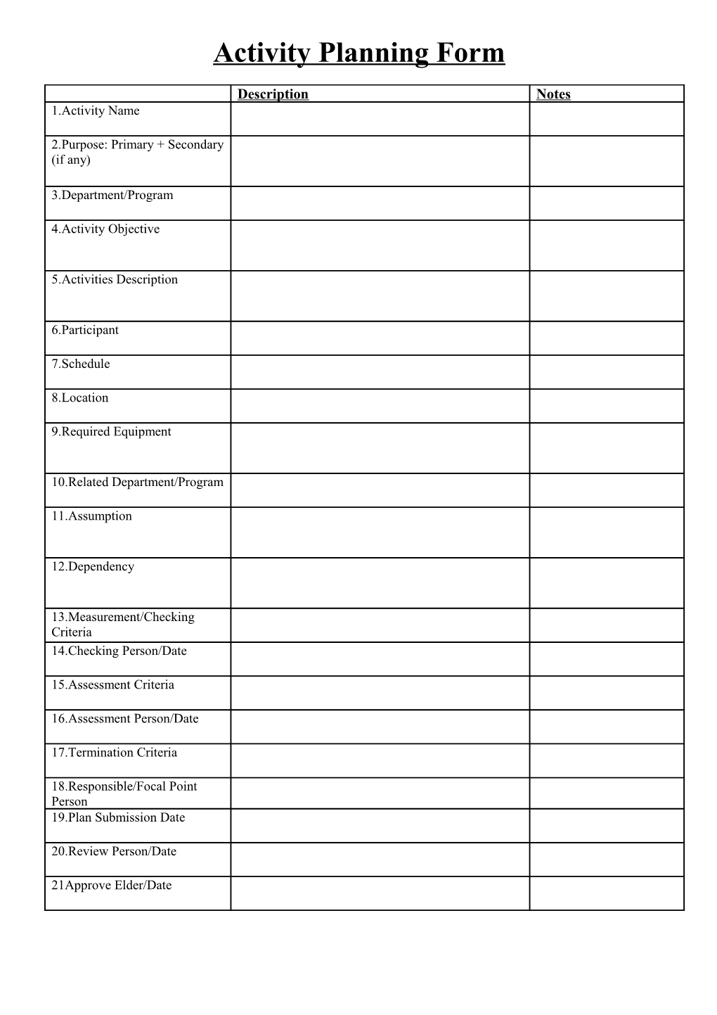 Activity Planning Form