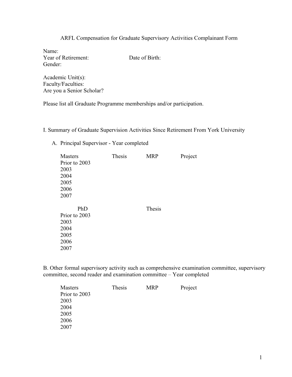 ARFL Compensation for Graduate Supervisory Activities Complainant Form